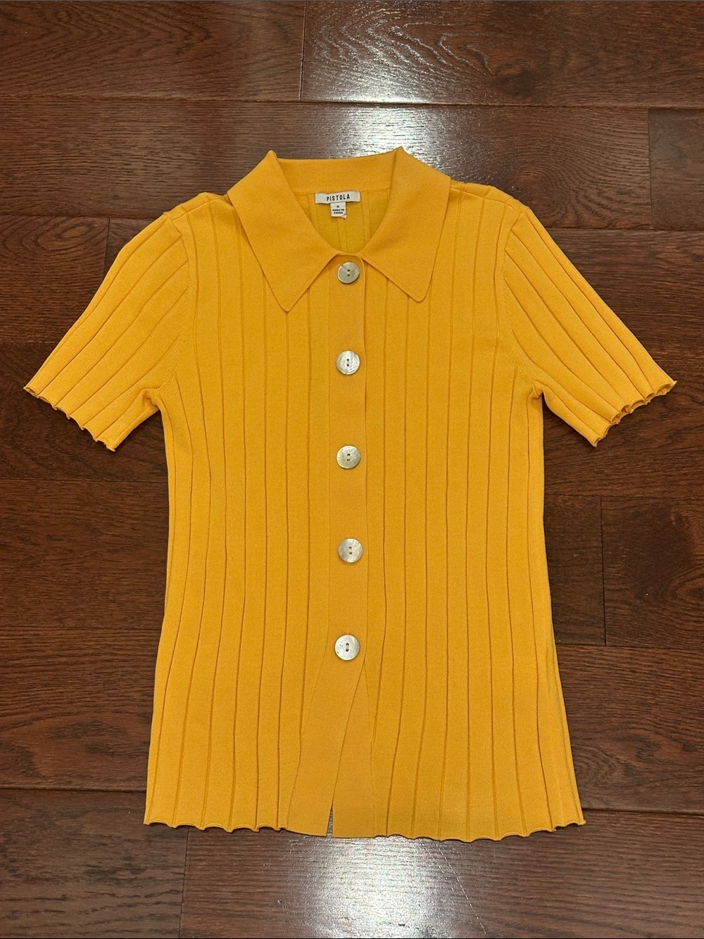 PISTOLA Dominique Short Sleeve Button-Up Ribbed Knit Polo Top
